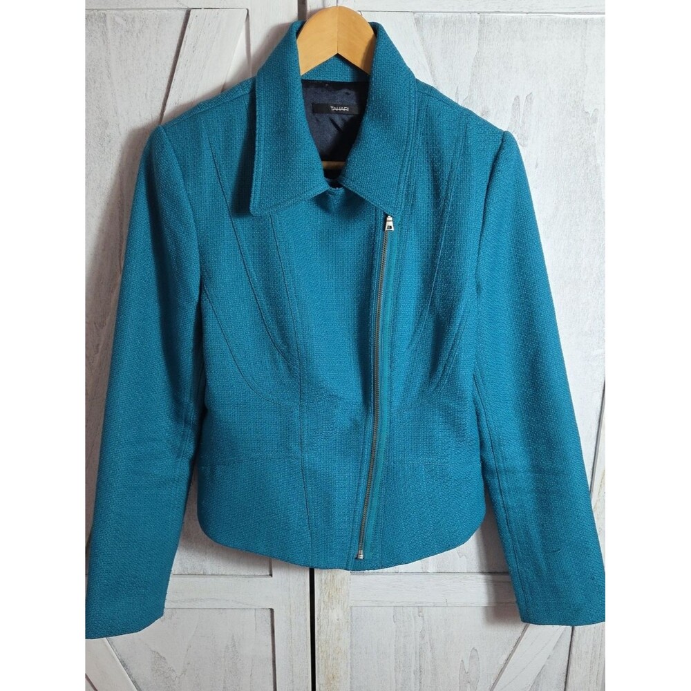 Tahari Teal Asymmetrical Zip Blazer Size 10